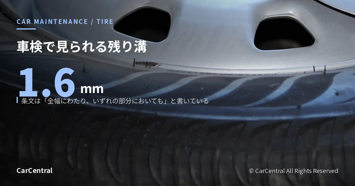 タイヤのトレッド面と主溝のクローズアップ。残り溝1.6mmの判定は接地部の全幅で行われる