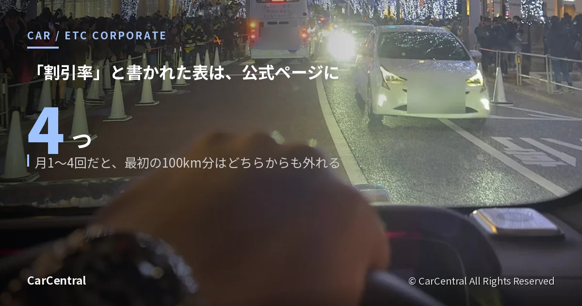 夜の都内を走るG400dの運転席視点。大口・多頻度割引の割引率の表は4つある